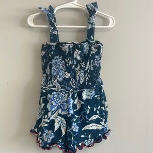 Matilda Jane Floral Romper Smocked Ruffle Trim Sleeveless‎ Blue White girls sz 4